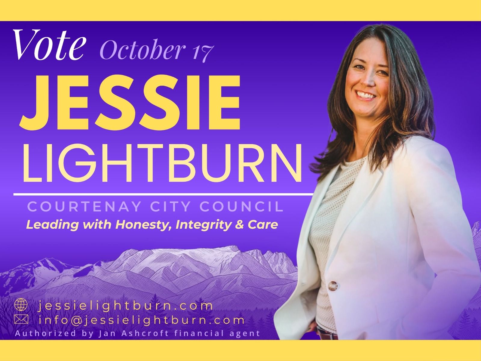 Vote October 17 — Jessie Lightburn for Courtenay City Council. Leading with Honesty, Integrity and Care.